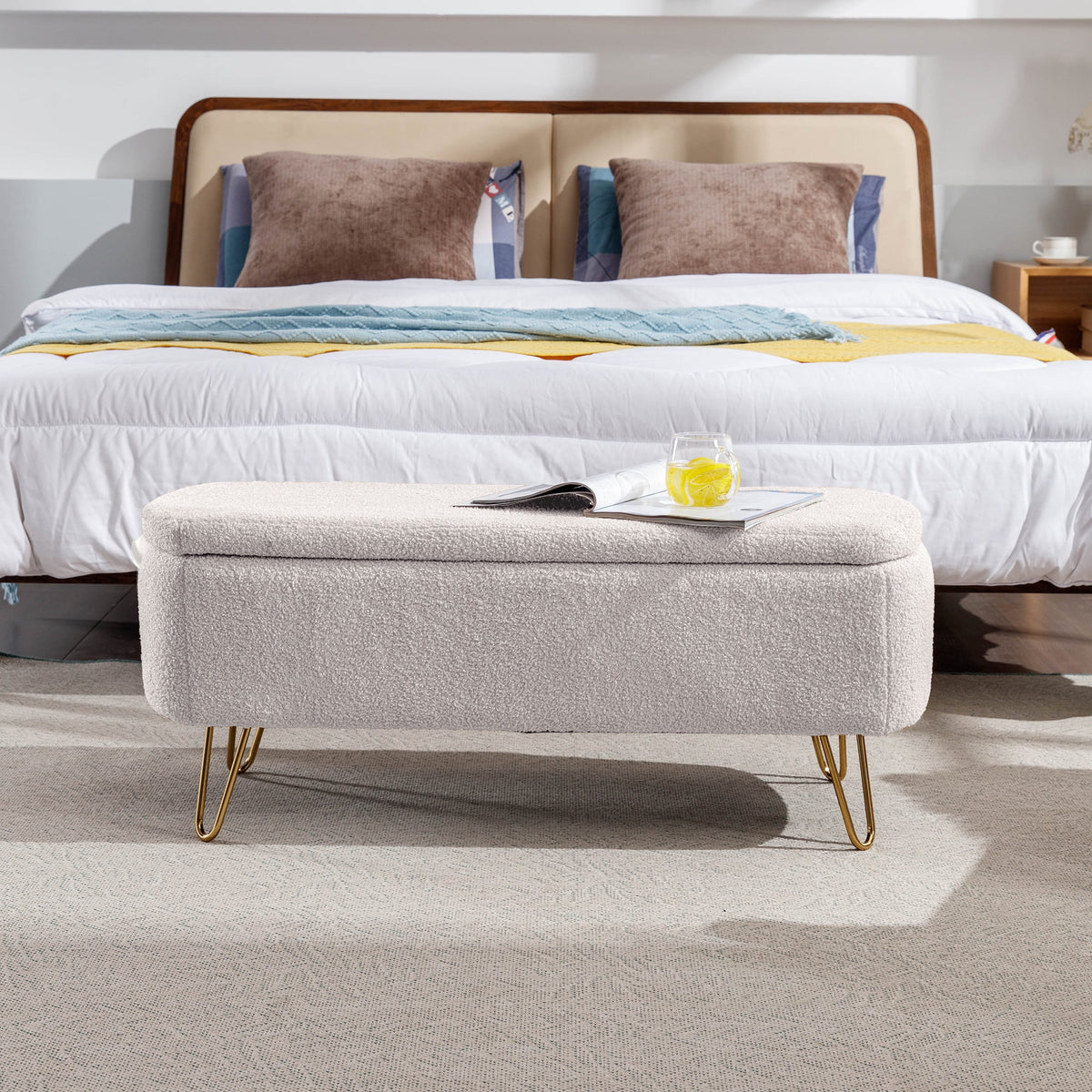 Syngar Entryway Bench with Storage for Bedroom, Living Room, and End of Bed, Faux Fur Ottoman Foot Rest with Storage,Upholstered Bench with Storage with Metal Leg,Ivory
