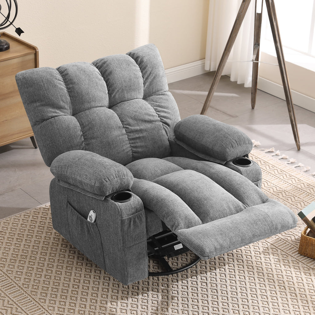 JONPONY Manual Recliner Chair with Heat Therapy and Massage Function, Heavy Duty Reclining Mechanism Massage Chair, Elderly Single Rocker Sofa with Cup Holders for Bedroom Home Theater,Grey