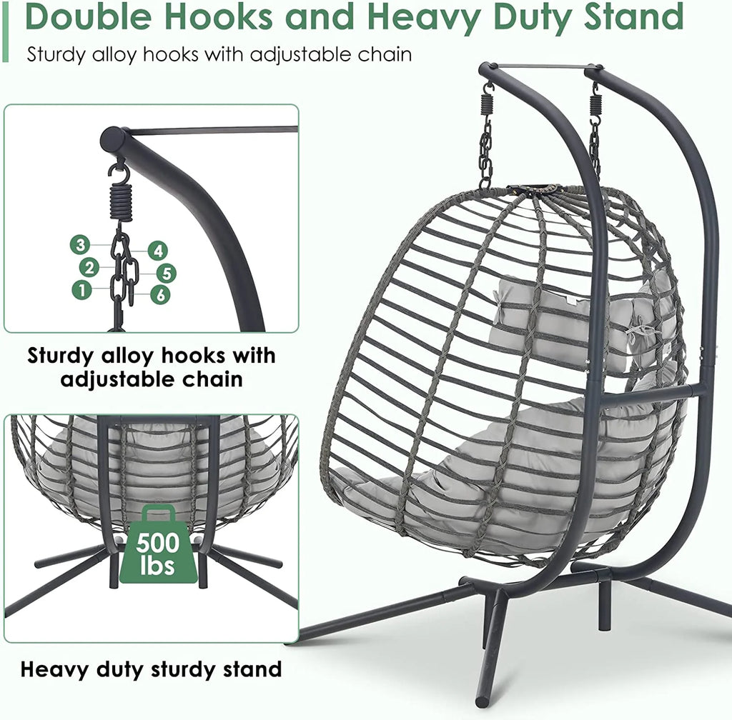 Brafab 2 Person Swing Egg Chair with Sturdy Stand and Fluffy Cushion, Large Double Hand-Woven Wicker Rattan Hanging Egg Chairs, Porch Swing Loveseat 500LBS Capacity for Indoor Outdoor, Light Grey