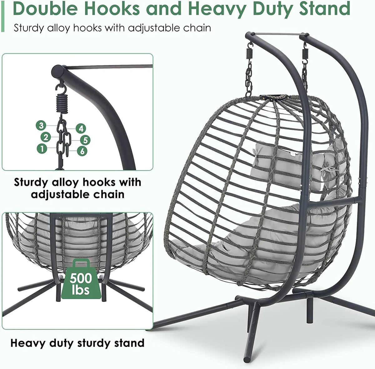 Brafab 2 Person Swing Egg Chair with Sturdy Stand and Fluffy Cushion, Large Double Hand-Woven Wicker Rattan Hanging Egg Chairs, Porch Swing Loveseat 500LBS Capacity for Indoor Outdoor, Light Grey