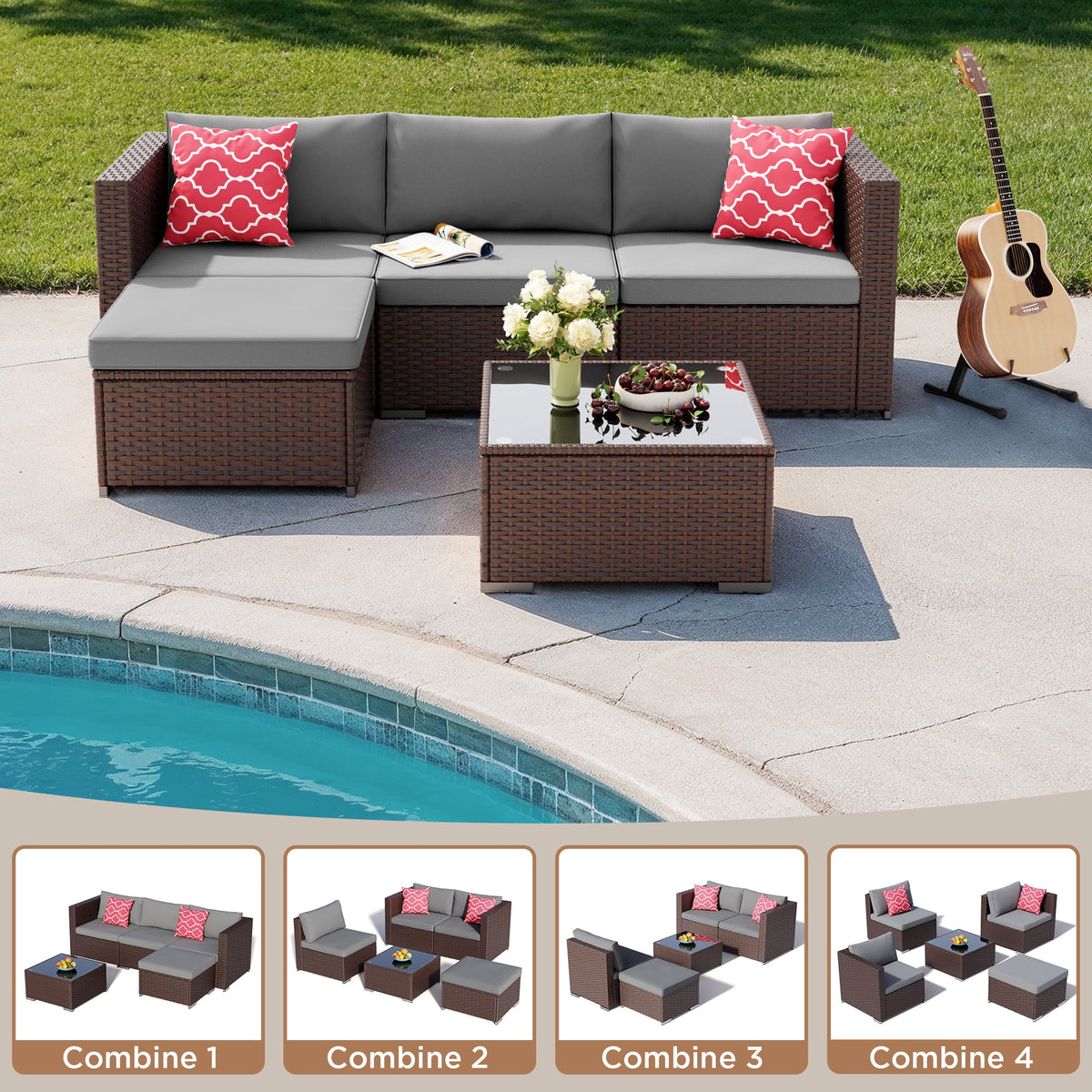 7 Piece Outdoor Patio Furniture Set, Asofer Rattan Wicker Outdoor Conversation Sectional Sofa Set, Gray