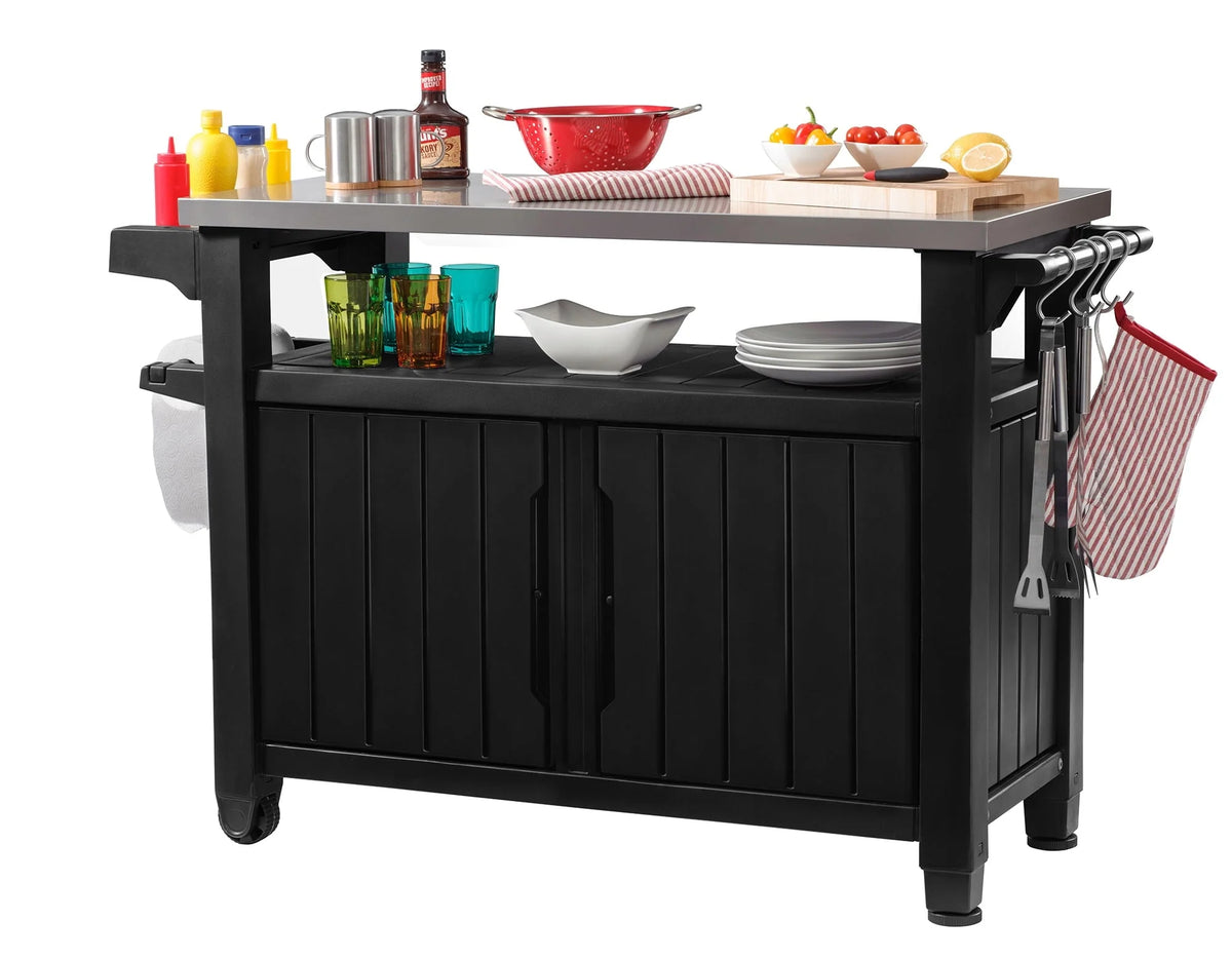 Keter Unity XL Resin Serving Station, All-Weather Plastic and Metal Grill, Storage and Prep Table, Graphite