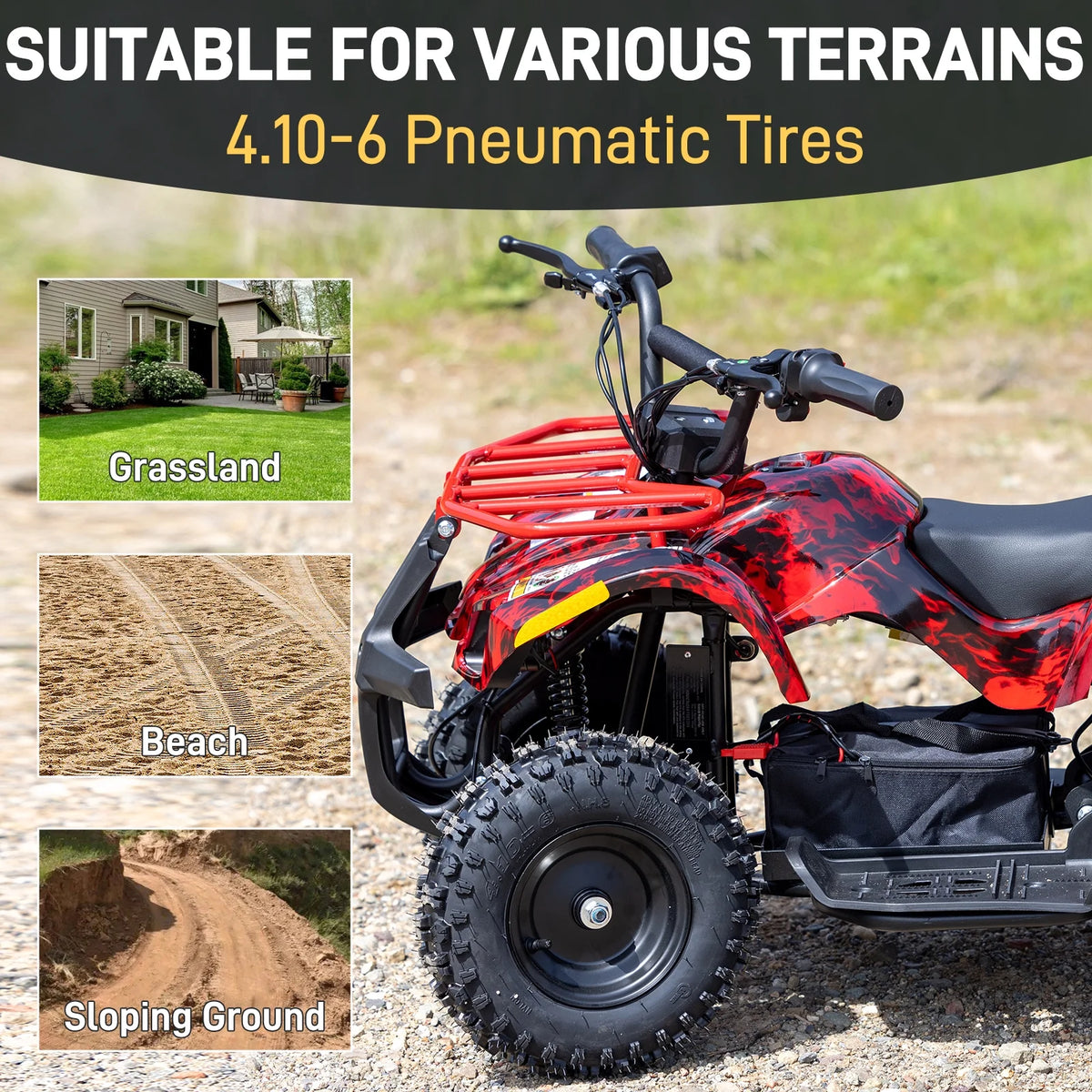 Aoemoe 500W 36V Battery-Powered Ride-On Off-Road 4-Wheeler 15 Mile Range, Flame