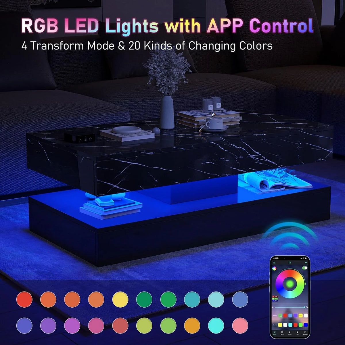 ChVans Large Black LED Coffee Table with 2 Storage Drawers, Modern High Gloss Coffee Table w/20 Colors LED Lights/APP Control, 2 Tiers Rectangle Large Living Room Furniture w/Marbling Print(47.3")