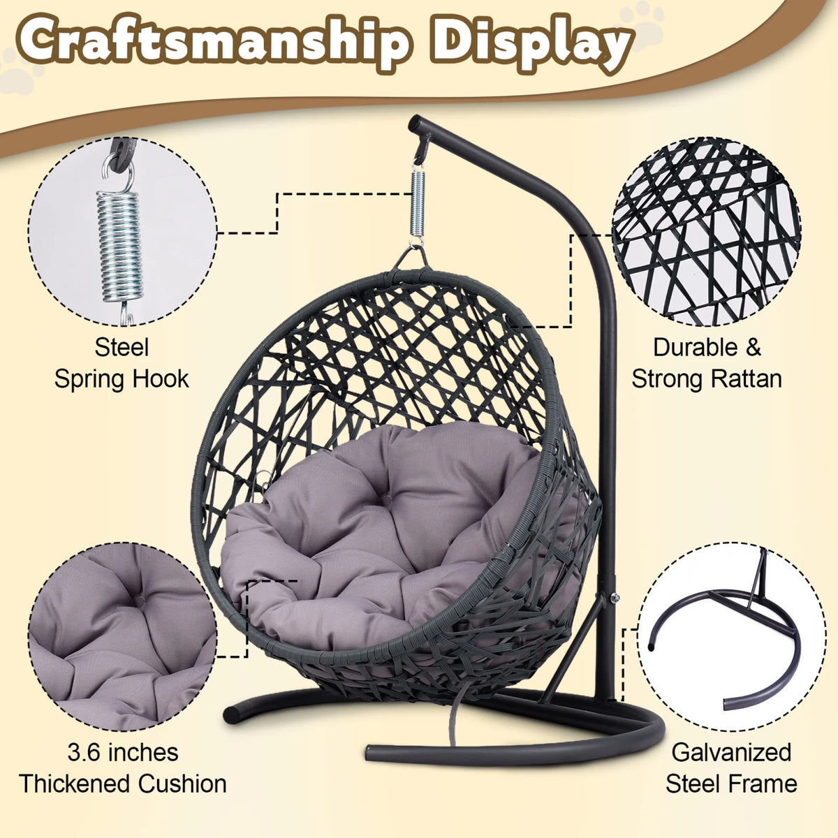 Cat Swing Bed with Stand & Cushion, Cat Egg Chair with Rattan Wicker Appearance, Indoor Hanging Swinging Cat Bed
