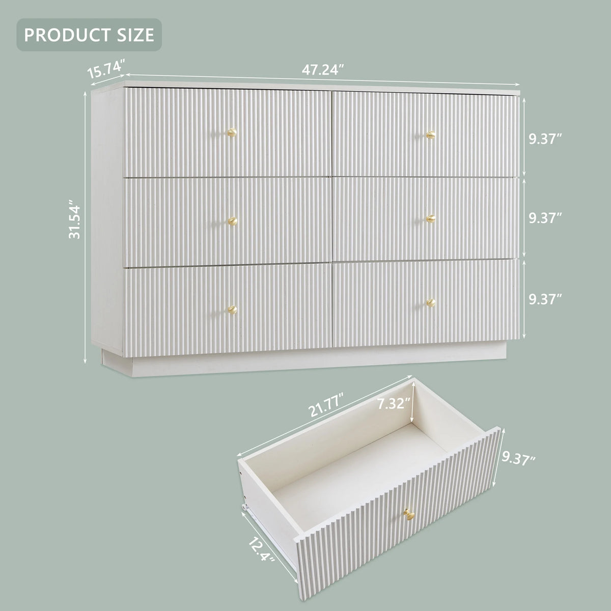 wow97e Fluted 6 Drawers Dresser, Wood 47" Tall Chest of Drawers with Deep Storage, Modern Bedroom Chest for Closet Hallway, Entryway, Living Room