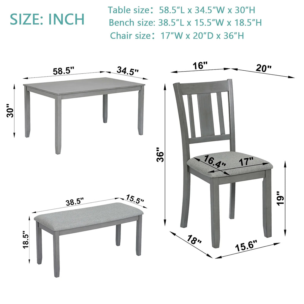 Dining Room Set, LEGAHOME 6 Piece Dining Sets with Bench and Chairs, Solid Wood Kitchen Dining Table Set for 6 with Upholstered Chairs, Gray