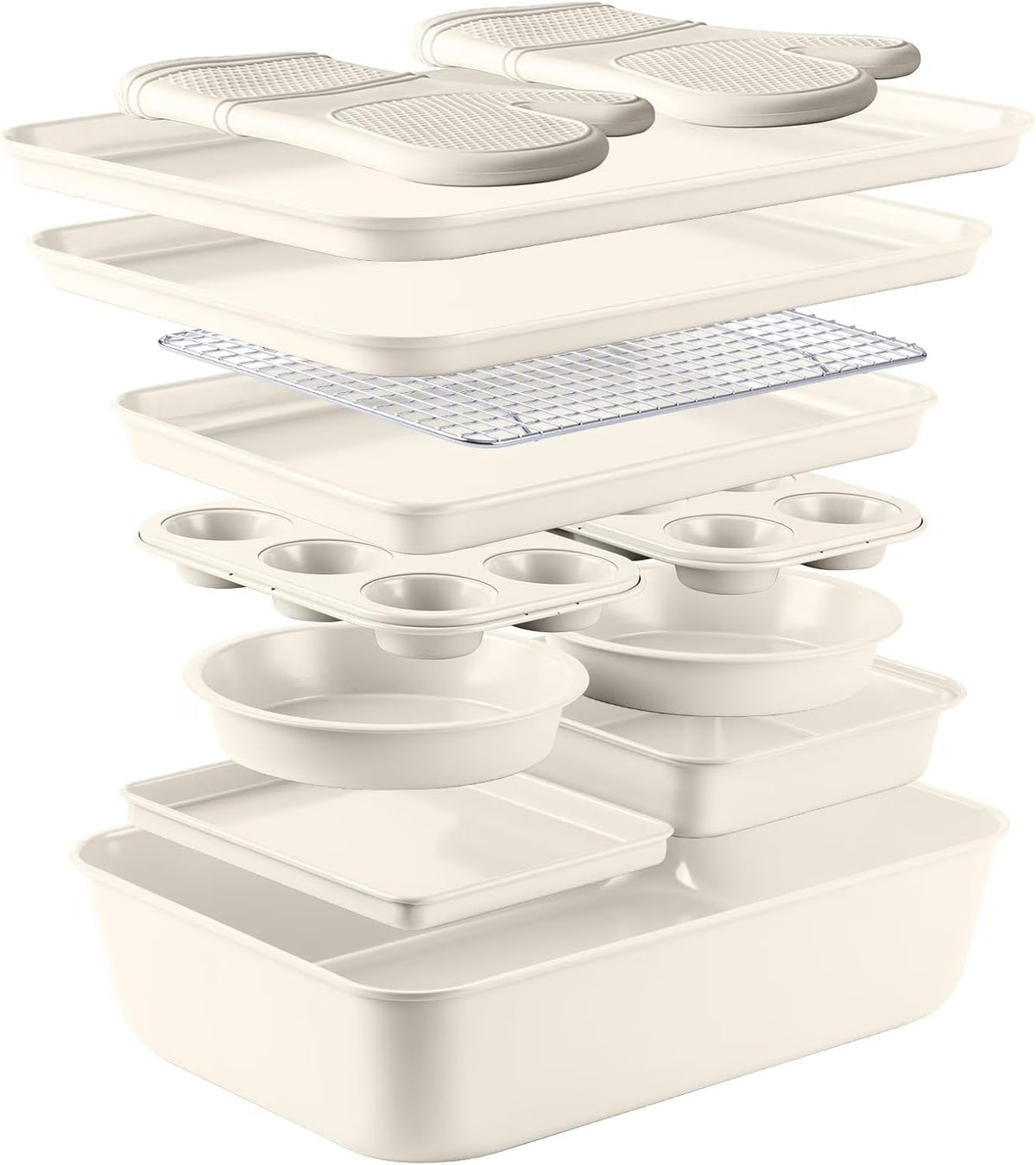 Country Kitchen 13-Piece Nonstick Cookware and Bakeware Set - Pots and Pans Collection with Stackable Design, Cream