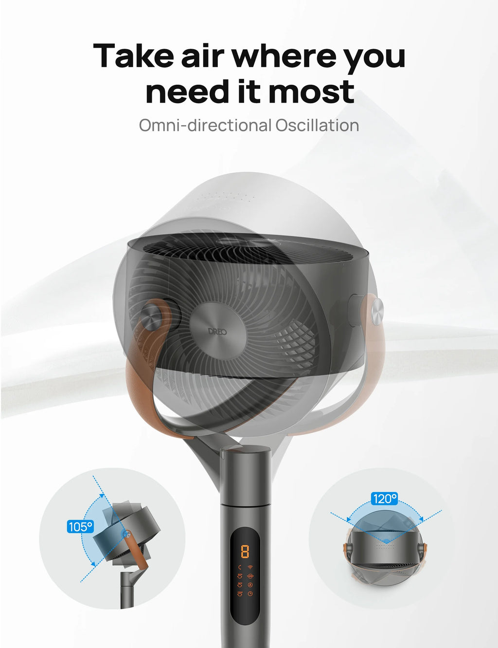 Dreo Pedestal Fan with Remote, 43'' Quiet Standing Fan for Home Bedroom, 120+105 Smart Oscillating Floor Fans with Wi-Fi/Voice Control, Works with Alexa/Google, 6 Modes, 8 Speeds, 12H Timer
