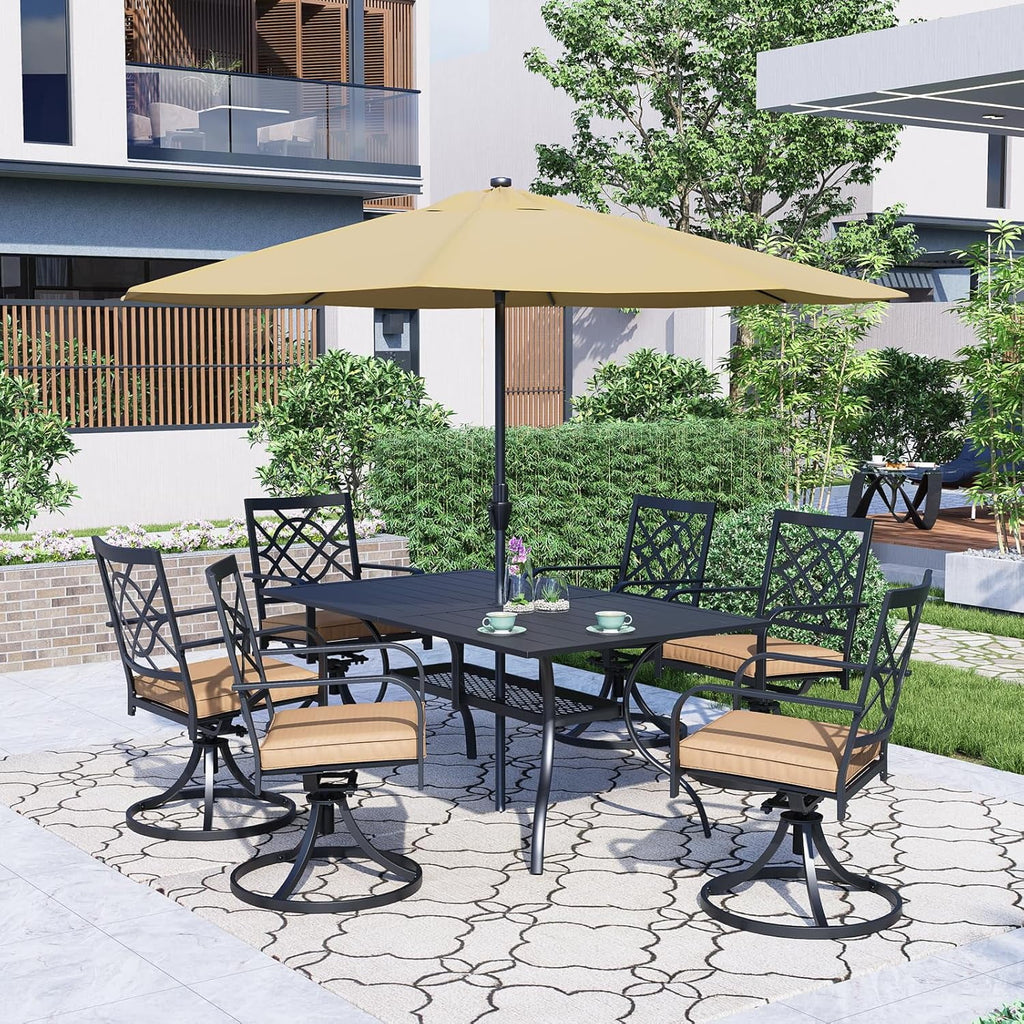SUNCROWN 5-Piece Outdoor Wrought Iron Chairs and Table Patio Dining Furniture Set - 4 Stackable Metal Chairs, 1 Steel Slat Bistro Table and 1 Sky Blue 9Ft Patio Umbrella for Garden Backyard Deck