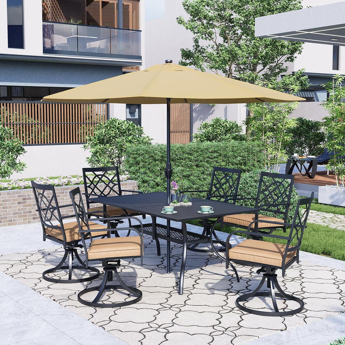SUNCROWN 5-Piece Outdoor Wrought Iron Chairs and Table Patio Dining Furniture Set - 4 Stackable Metal Chairs, 1 Steel Slat Bistro Table and 1 Sky Blue 9Ft Patio Umbrella for Garden Backyard Deck