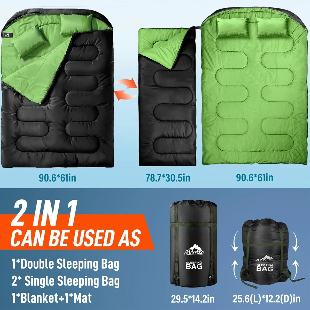 Double Sleeping Bag for Adults Mens with Pillow, XL Queen Size Two Person Sleeping Bag for All Season Camping Hiking Backpacking 2 Person Sleeping Bags for Cold Weather & Warm