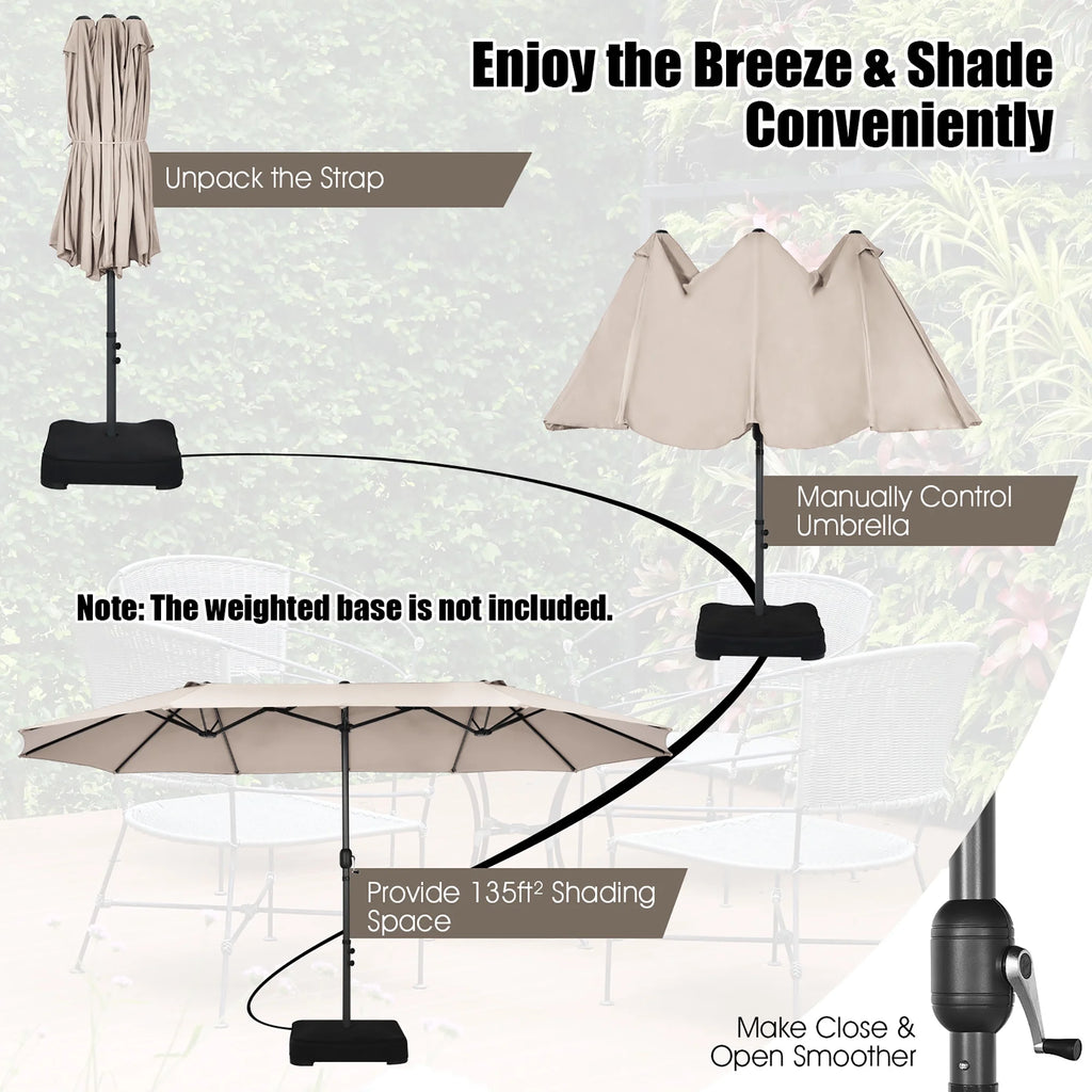 Costway 15ft Beige Patio Double-Sided Umbrella, Crank Lift