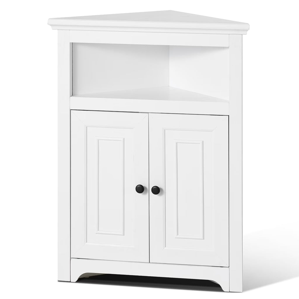 KFFKFF 32" Corner Utility Cabinet, Tri-Level Compact Storage Unit with Dual Wooden Doors & Flexible Shelving, Independent Corner Cabinet for Lounge, Kitchen, Laundry Area, Restroom, in White