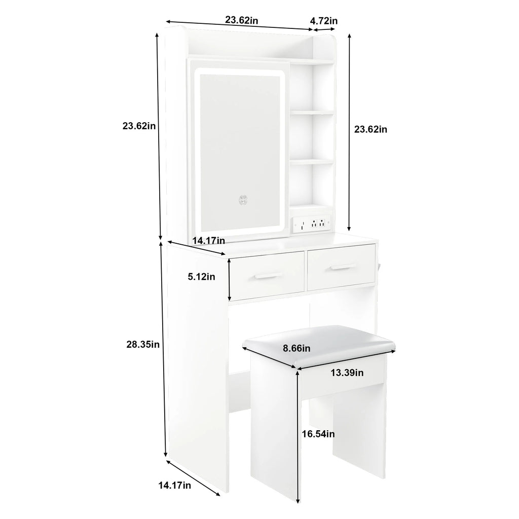 Small White Makeup Vanity Desk with Mirror and Adjustable LED Lights, Built-in Power Outlet and Hidden Storage