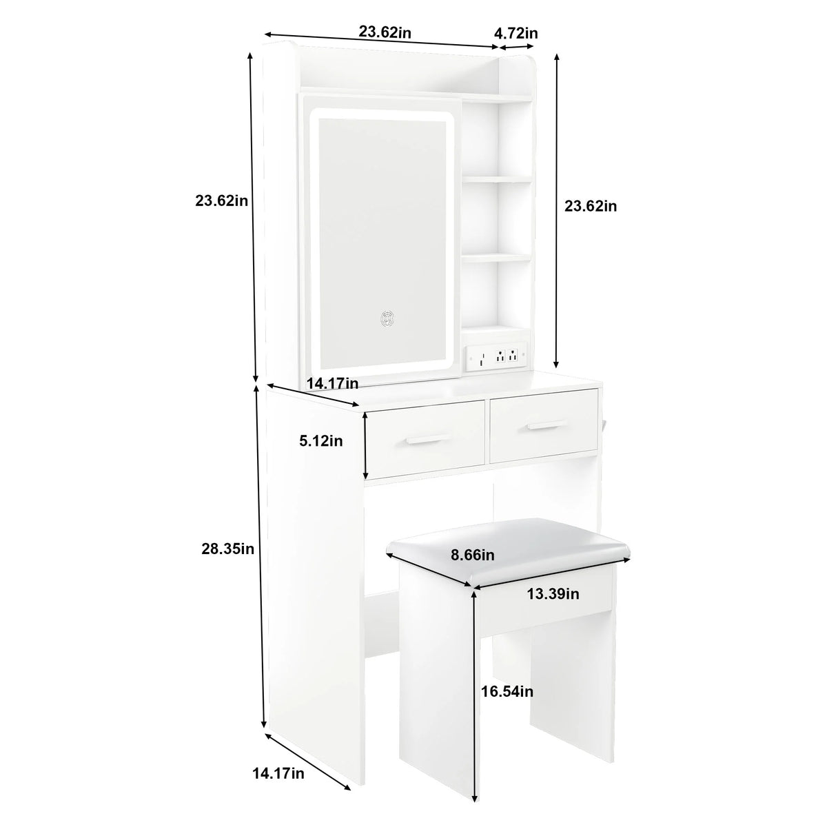 Small White Makeup Vanity Desk with Mirror and Adjustable LED Lights, Built-in Power Outlet and Hidden Storage