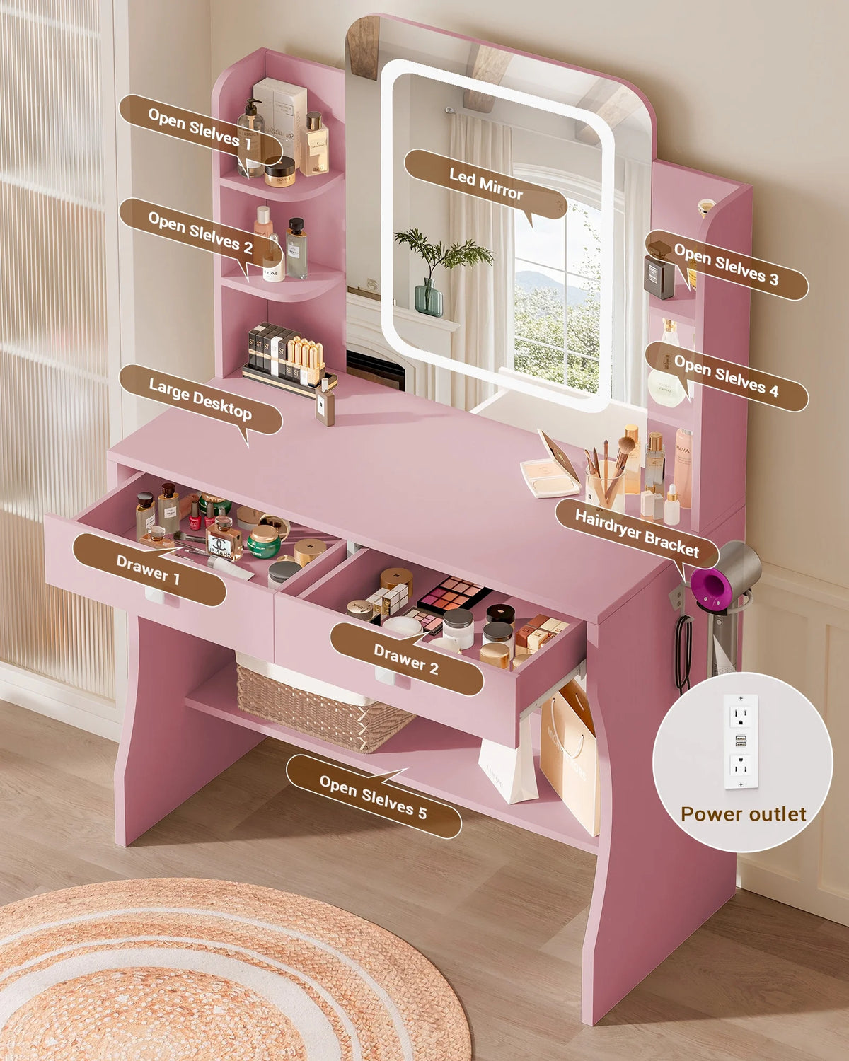LIVELYGLOW Vanity Desk Set with Square Mirror and Light- Small Vanity Table with Drawers- White