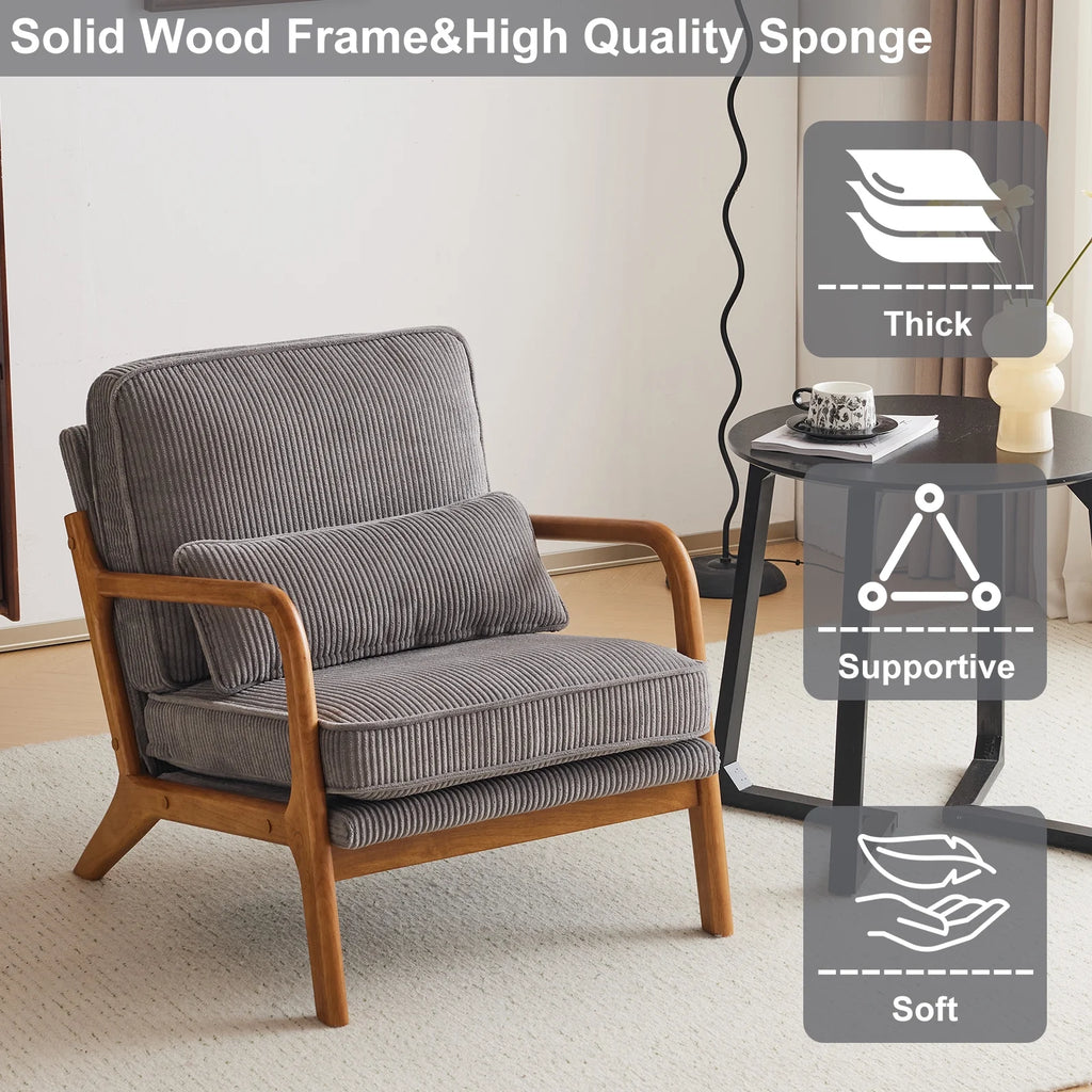 Ktaxon Accent Chair Corduroy Upholstered Armchair, Reading Club Chair with Pillow and Solid Wood Frame for Living Room Bedroom Furniture Off White