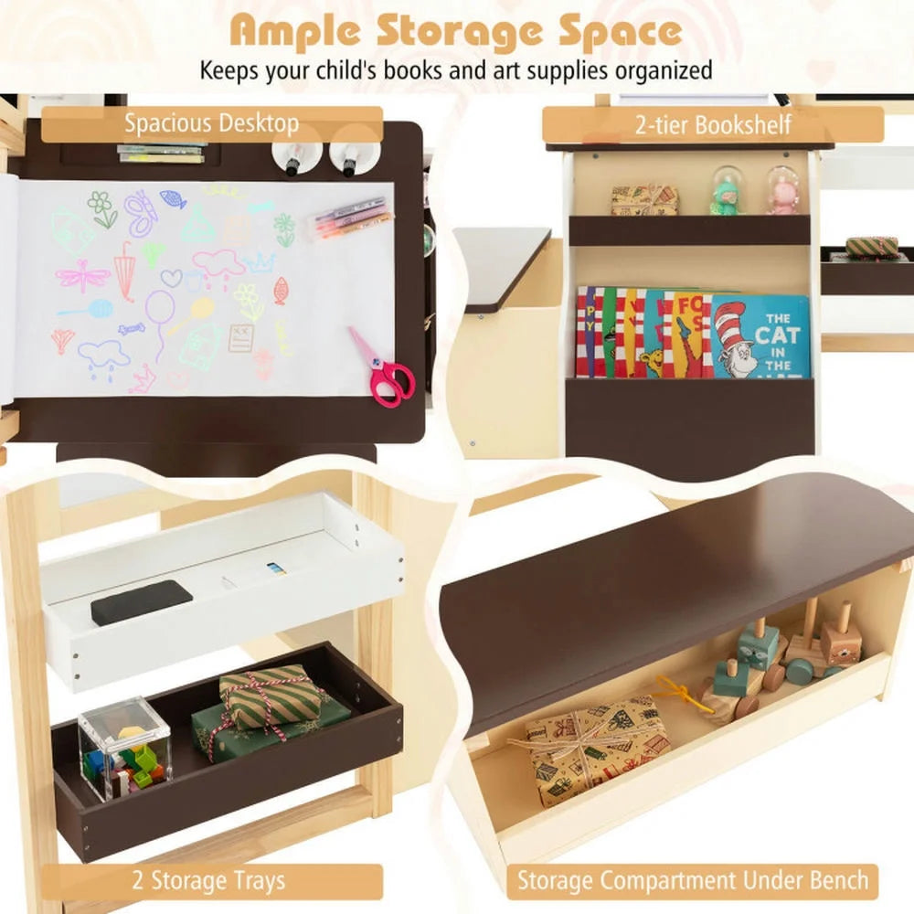Spaco Kids Art Center Wooden Table Bench Set-Brown, Toddler Table and Chair Set for Arts & Crafts, Snack Time, Homeschooling, Homework