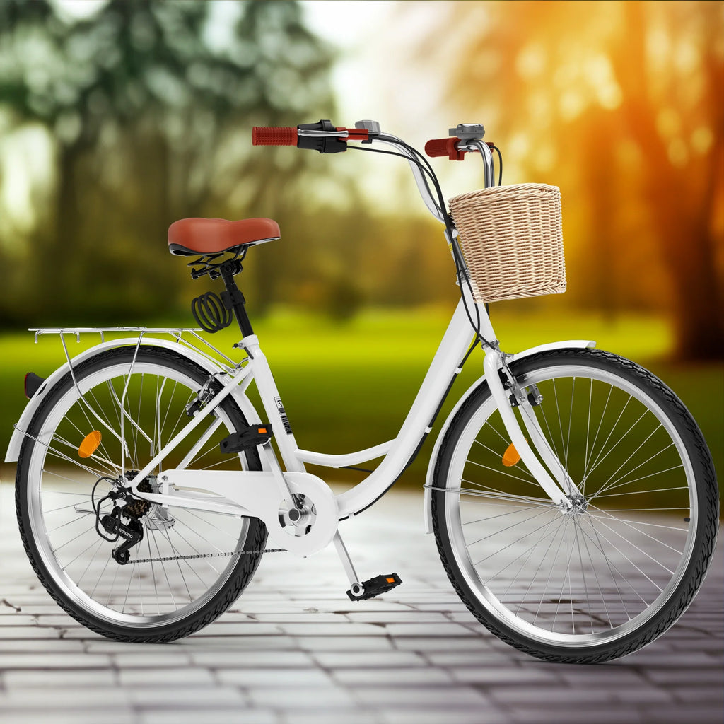 Dextrus 26 Inch Beach Cruiser Bike for Women - 7 Speed Commute Bike for Adults - Womens Bicycle with Adjustable Seat in White