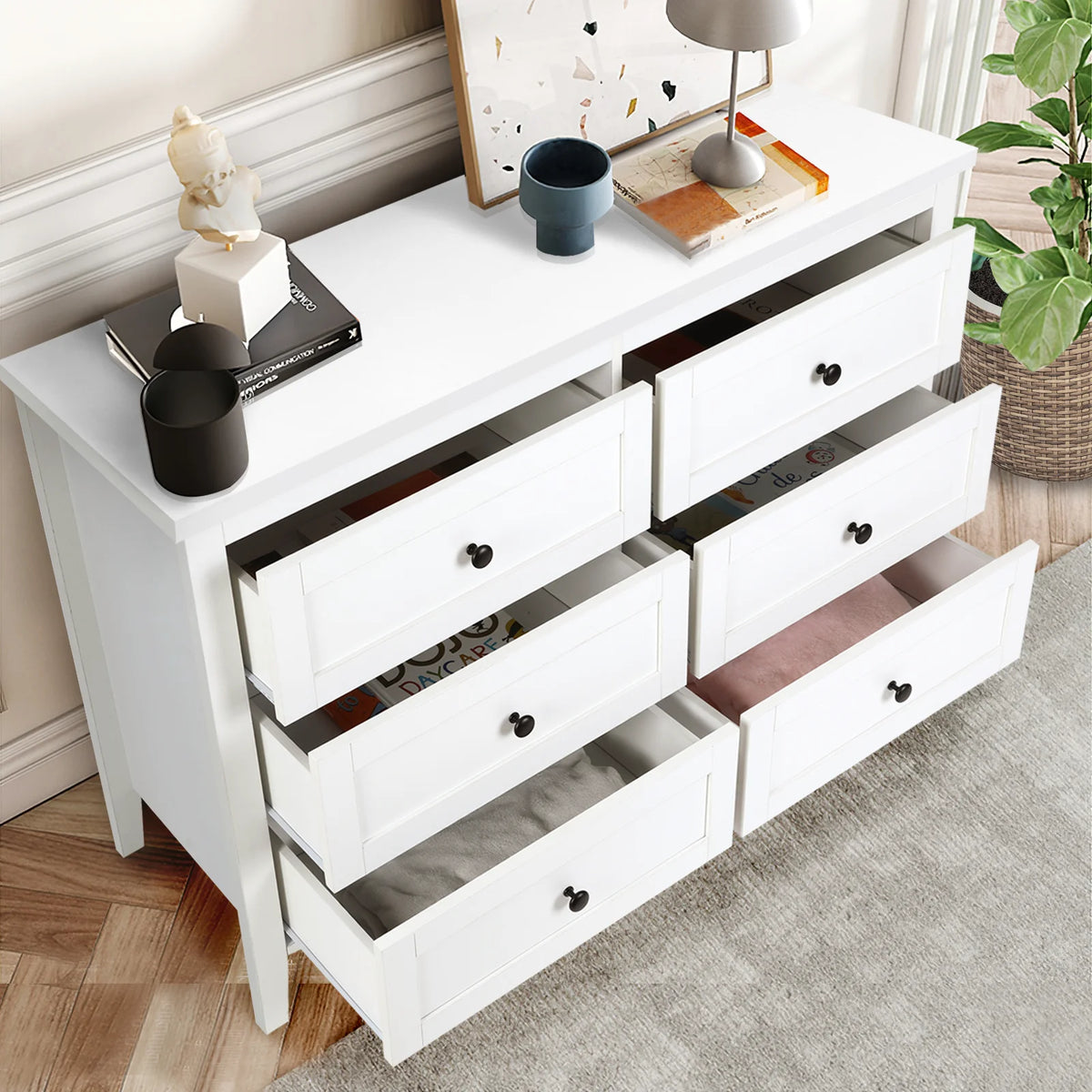 RichYa 6 Drawer Dresser for Bedroom,Chest of Drawers with Metal Knobs,Dresser for Closet,White