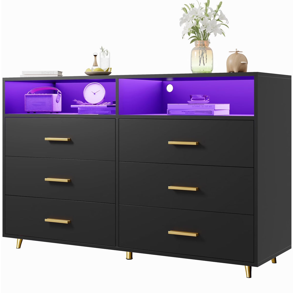 EnHomee Dresser with LED Lights Drawer Dresser with 6 Deep Drawers Wood Dresser for Bedroom TV Stand Dressers & Chests of Drawers Wide Led Dressers,Black
