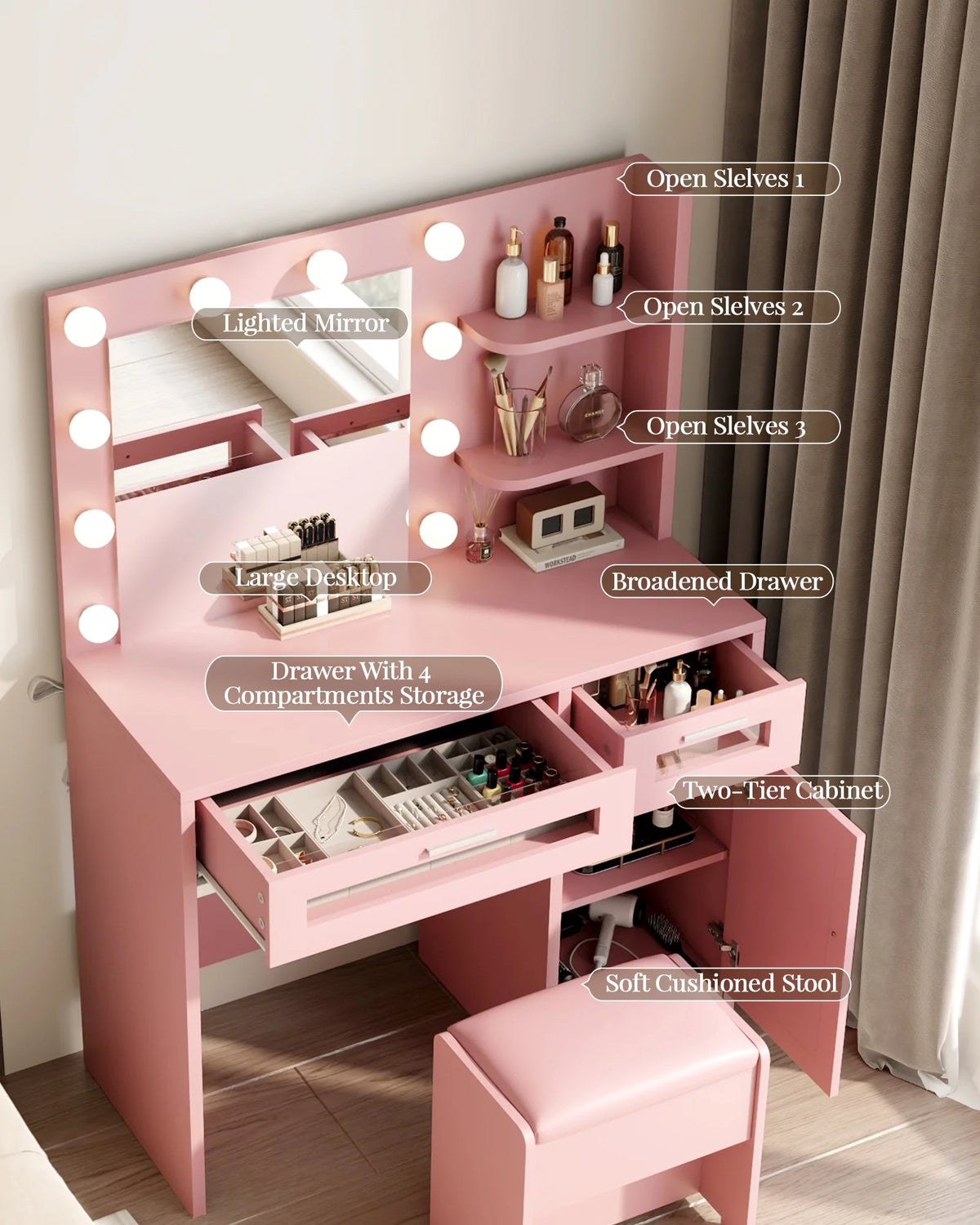 LIVELYGLOW Vanity Desk with Mirror and Lights, Makeup Vanity with Drawer & Storage Shelves, Cabinet, 3 Lighting Modes Adjustable Brightness,White