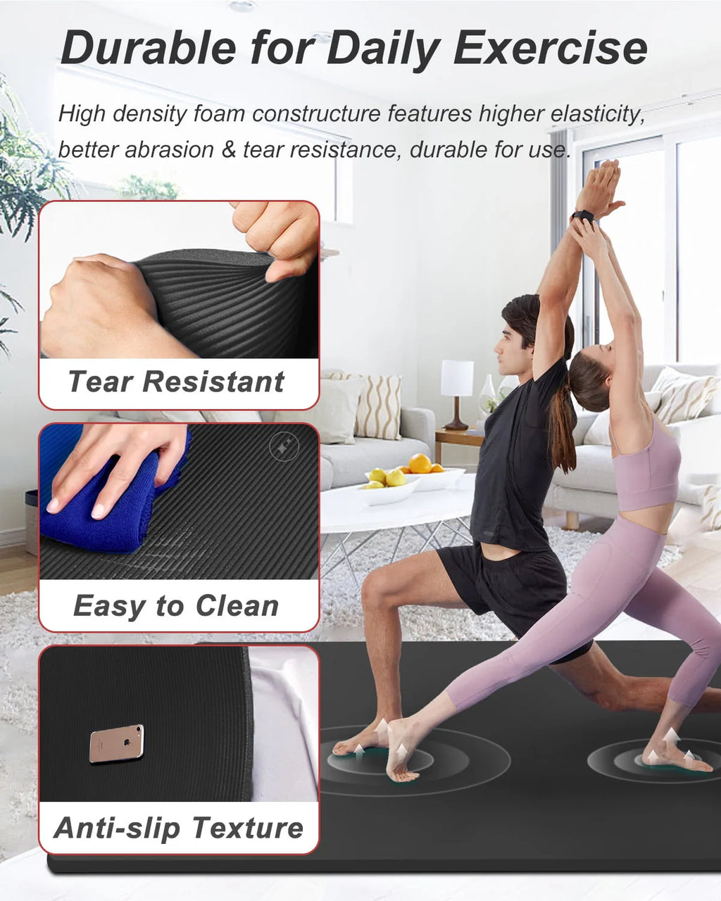 YR Large Exercise Mat 6' x 4' 10mm Thick NBR Stretching Yoga Pilates Workout for Home Gym Black