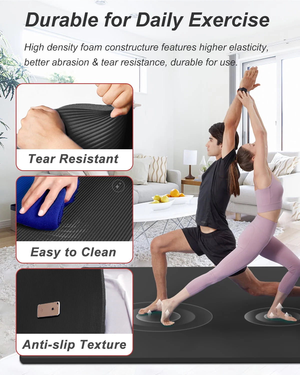 YR Large Exercise Mat 6' x 4' 10mm Thick NBR Stretching Yoga Pilates Workout for Home Gym Black