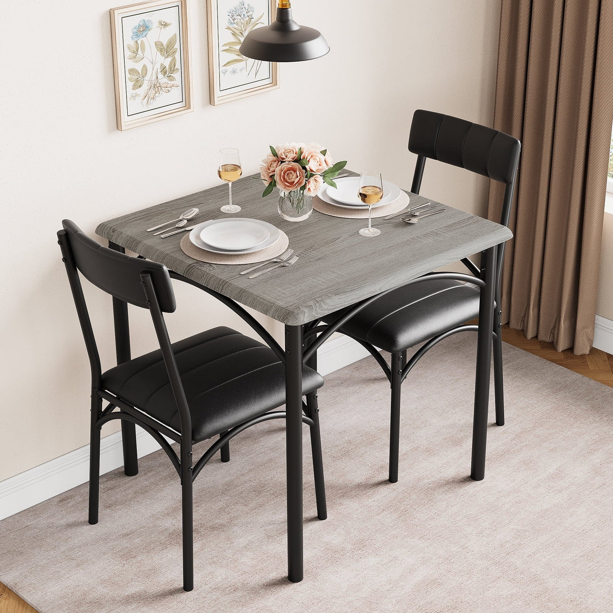 HOSSLLY 3-Piece Dining Table Sets with 2 Upholstered Chairs for Home Kitchen Small Space, Rustic Brown