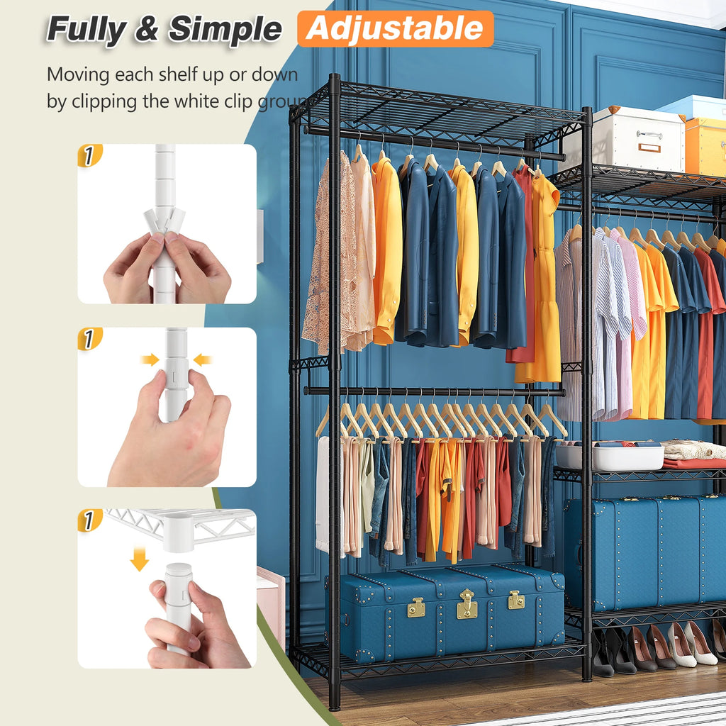 EnHomee 830 LBS Clothes Rack Heavy Duty Garment Rack with 4 Rods & 7 Shelves, Adjustable Metal Closet Organizer 77"H x 69"W x 16"D Black
