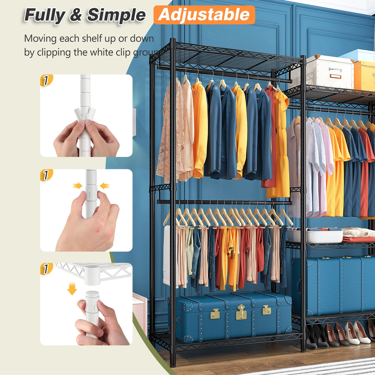 EnHomee 830 LBS Clothes Rack Heavy Duty Garment Rack with 4 Rods & 7 Shelves, Adjustable Metal Closet Organizer 77"H x 69"W x 16"D Black