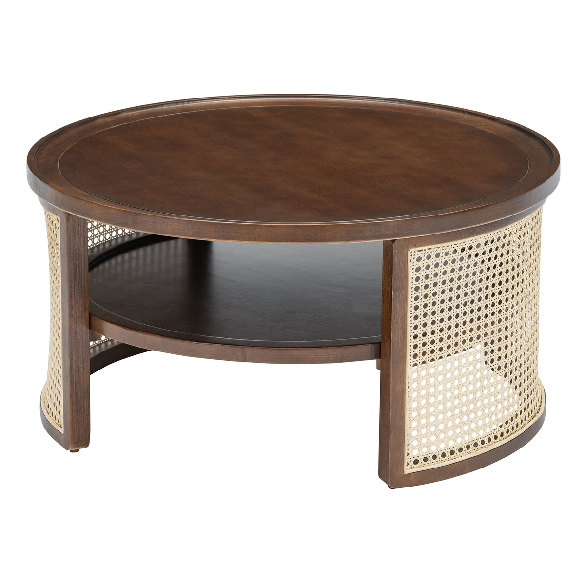 Harper & Bright Designs Rattan Round Coffee Table with Storage Shelf, Round Cane Wood Center Table for Living Room, 37'' Brown