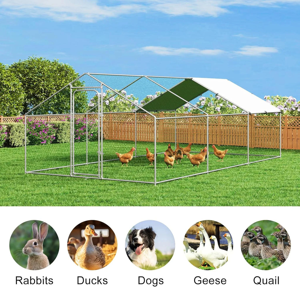 Large Metal Chicken Coop Walk-in Poultry Cage with Waterproof and UV-Resistant Cover Outdoor Chicken Run Hen Rabbit Duck House for Backyard Farm Use Spire Roof(10 W x 4.9 L x 6.4 H)