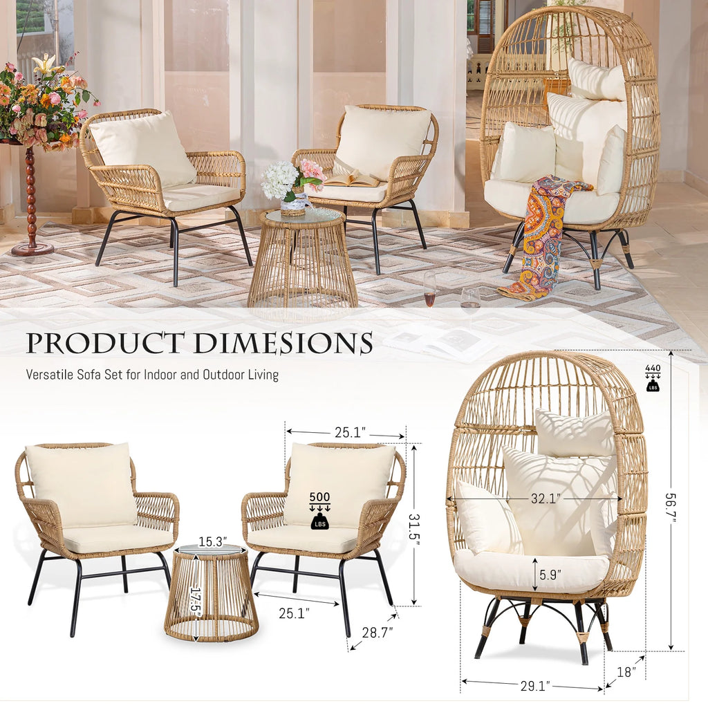 RADIATA 6-Piece Boho Patio Furniture Set, Outdoor Wicker Sectional Sofa Conversation Set with Ice Bucket & Coffee Table, 500lbs Capacity, Beige