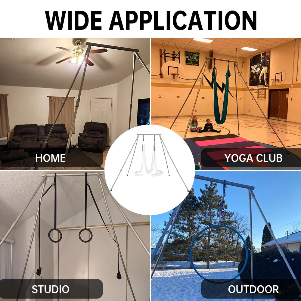 Kojem 97"/2.46m Aerial Trapeze Stand Portable Rig Yoga Swing Bar 250kg/551lbs Aluminum Rack ＆ Nylon Silk Indoor Outdoor Use with 20Ft/6m Aerial Purple Silk