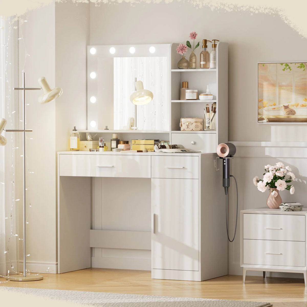 MCQ Dressing Table with Mirror and Light, Adjustable Brightness Dressing Table with Drawers and Storage Shelves, White
