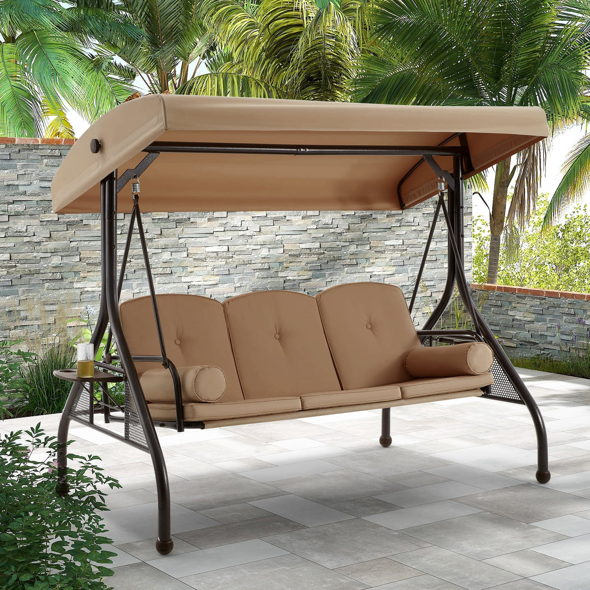 Homrest 3 Seat Outdoor Porch Swing with Adjustable Canopy, Cushions, and Cup Holder - Wine Red