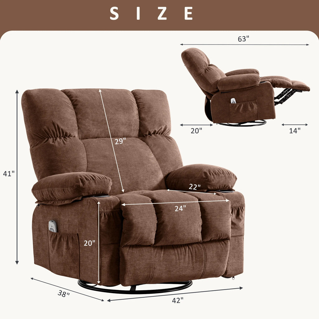 JONPONY Manual Recliner Chair with Heat Therapy and Massage Function, Heavy Duty Reclining Mechanism Massage Chair, Elderly Single Rocker Sofa with Cup Holders for Bedroom Home Theater,Grey