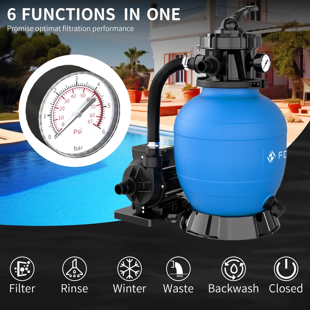 FOTING Sand Filter Pump for Above Ground Pool with Timer, 13in, Max 3800GPH for Pools Up to 13000GAL, 1HP, 6-Way Valve, Enhanced Circulation for Crystal-Clear Pool