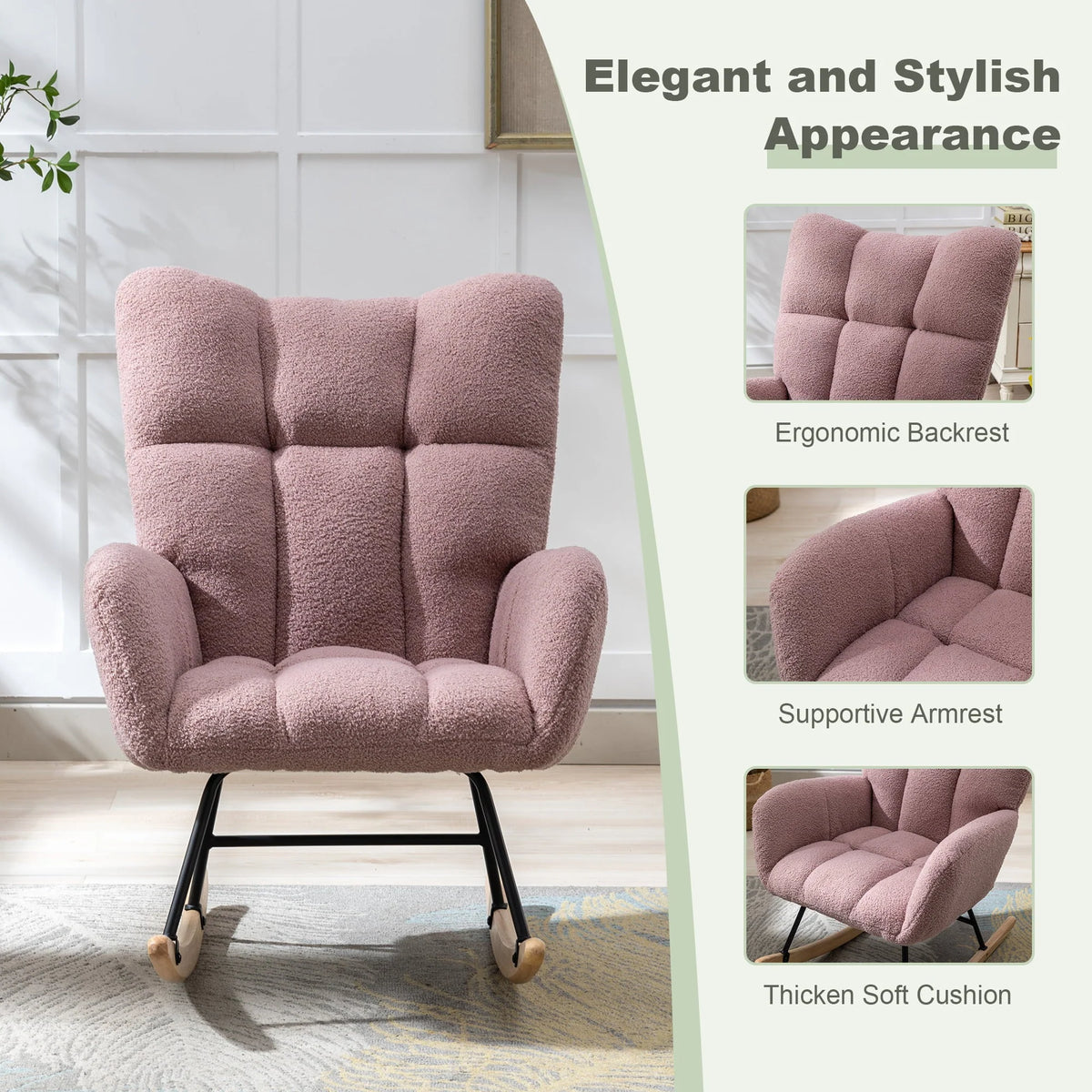 HONSIT Pink Nursery Rocking Chair, Teddy Fabric Upholstered Glider Rocker with High Backrest, Modern Rocking Accent Chairs Comfy Side Chair for Nursery, Bedroom, Living Room