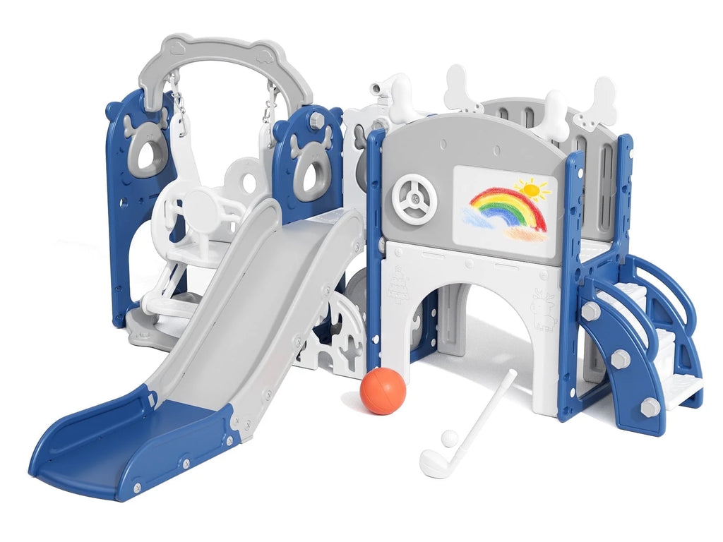 KORIMEFA 13-in-1 Toddler Slide, Kids Swing and Slide for Toddlers Age 1-4, Outdoor Indoor Playground Playset for Toddlers with Basketball Hoop and Ball Playset Telescope, Blue