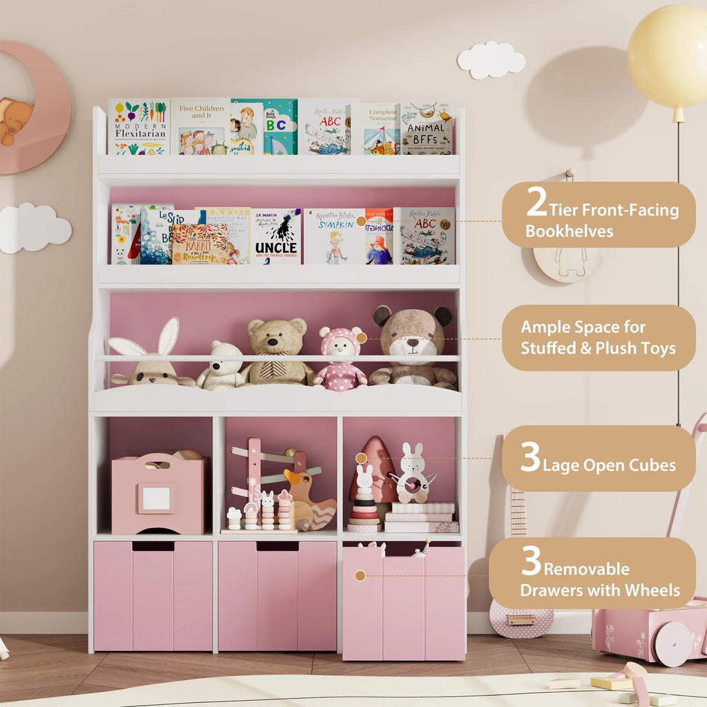 Homfa 55.5 H Kids Bookshelf with 2-Tier Book Shelves, Children Toy Organizer with 3 Cubes and Removable Drawers, White