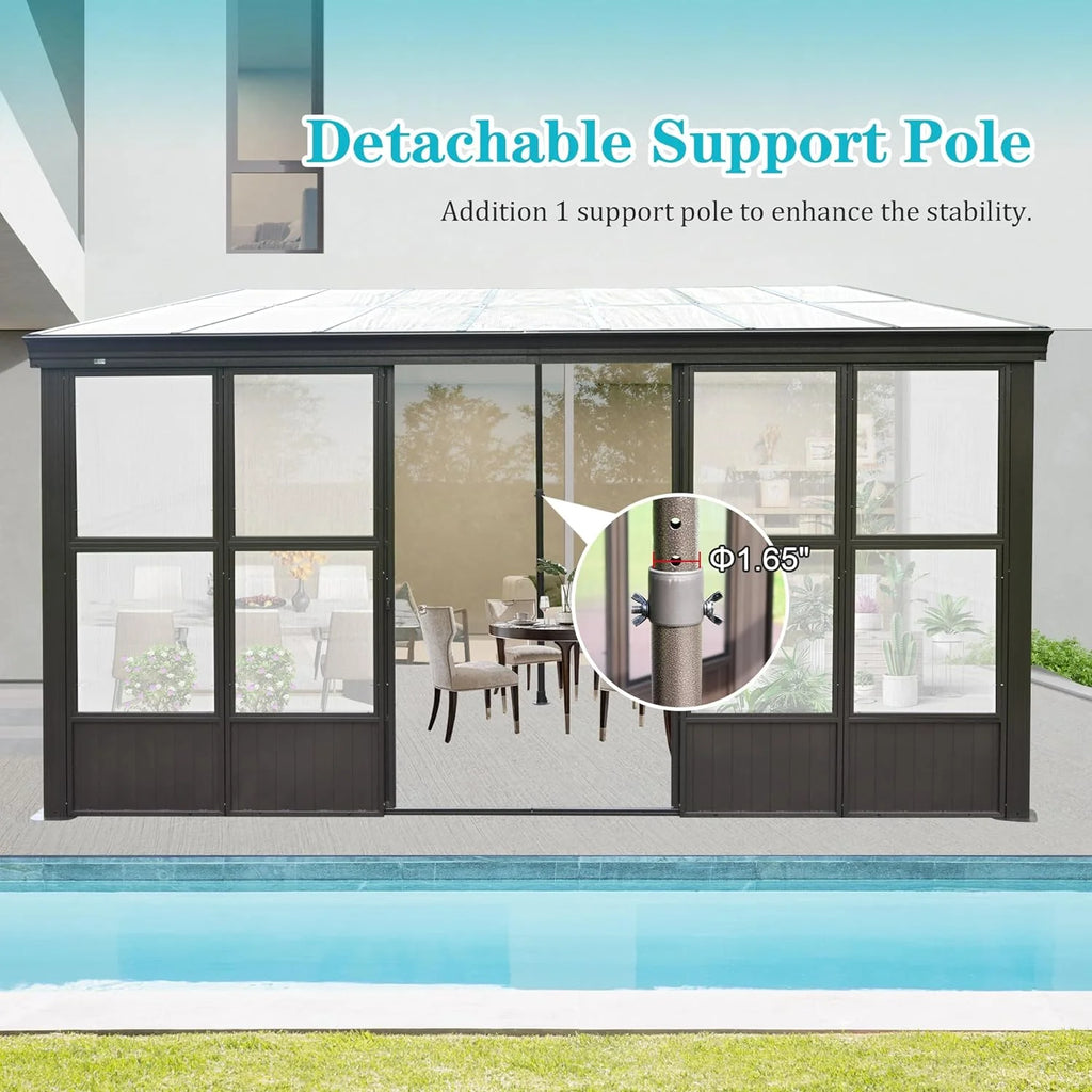 Domi Outdoor Living 10' x 12' Hardtop Lean-to Gazebo, Wall-Mounted with Galvanized Steel Roof Wall Pergola with Aluminum Frame, Curtains and Netting, for Patio, Deck, Garden, Backyard