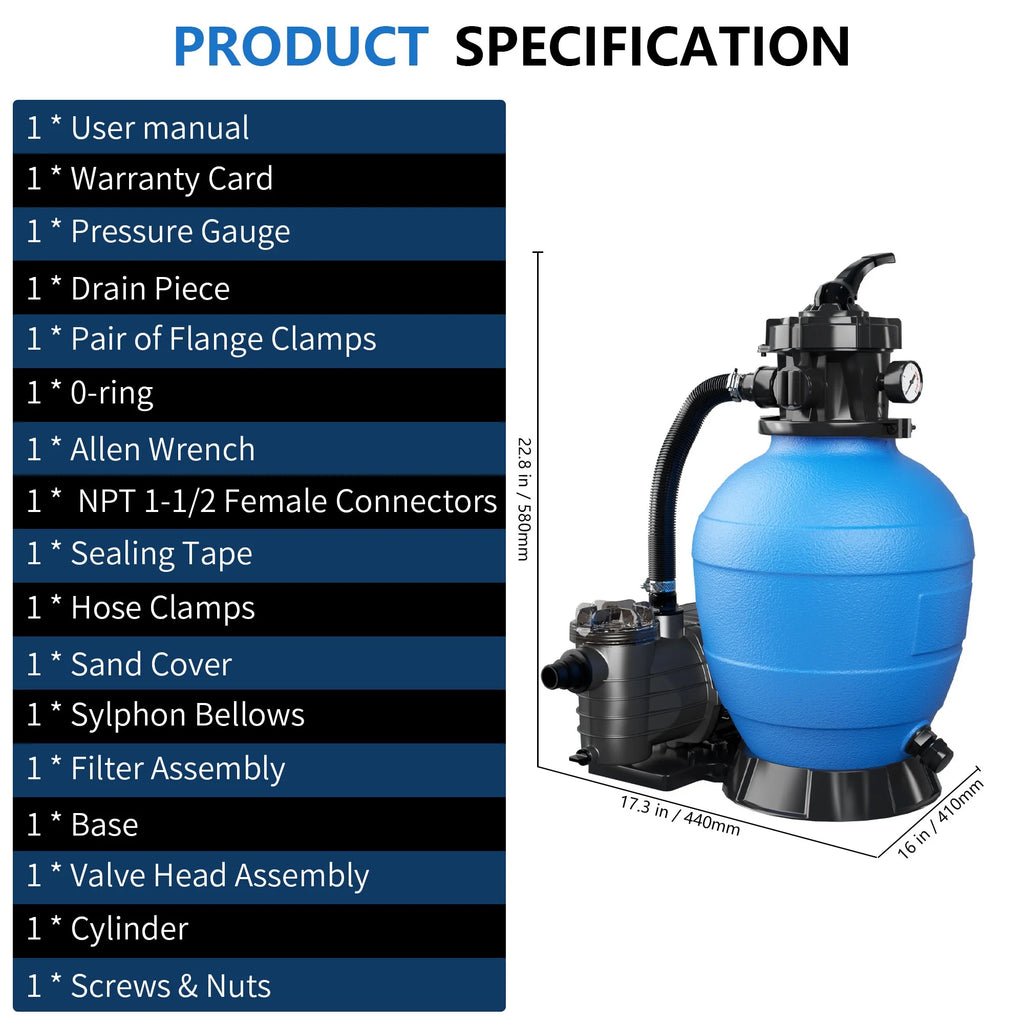 FOTING Sand Filter Pump for Above Ground Pool with Timer, 13in, Max 3800GPH for Pools Up to 13000GAL, 1HP, 6-Way Valve, Enhanced Circulation for Crystal-Clear Pool