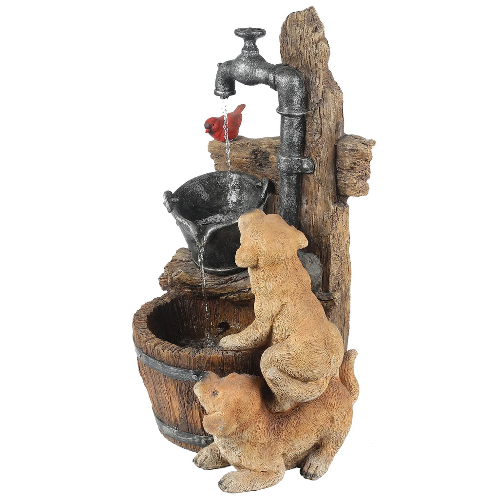 LuxenHome 25" Garden Water Fountain, Whimsical Puppy Dog Resin Water Fountain Outdoor with LED Lights