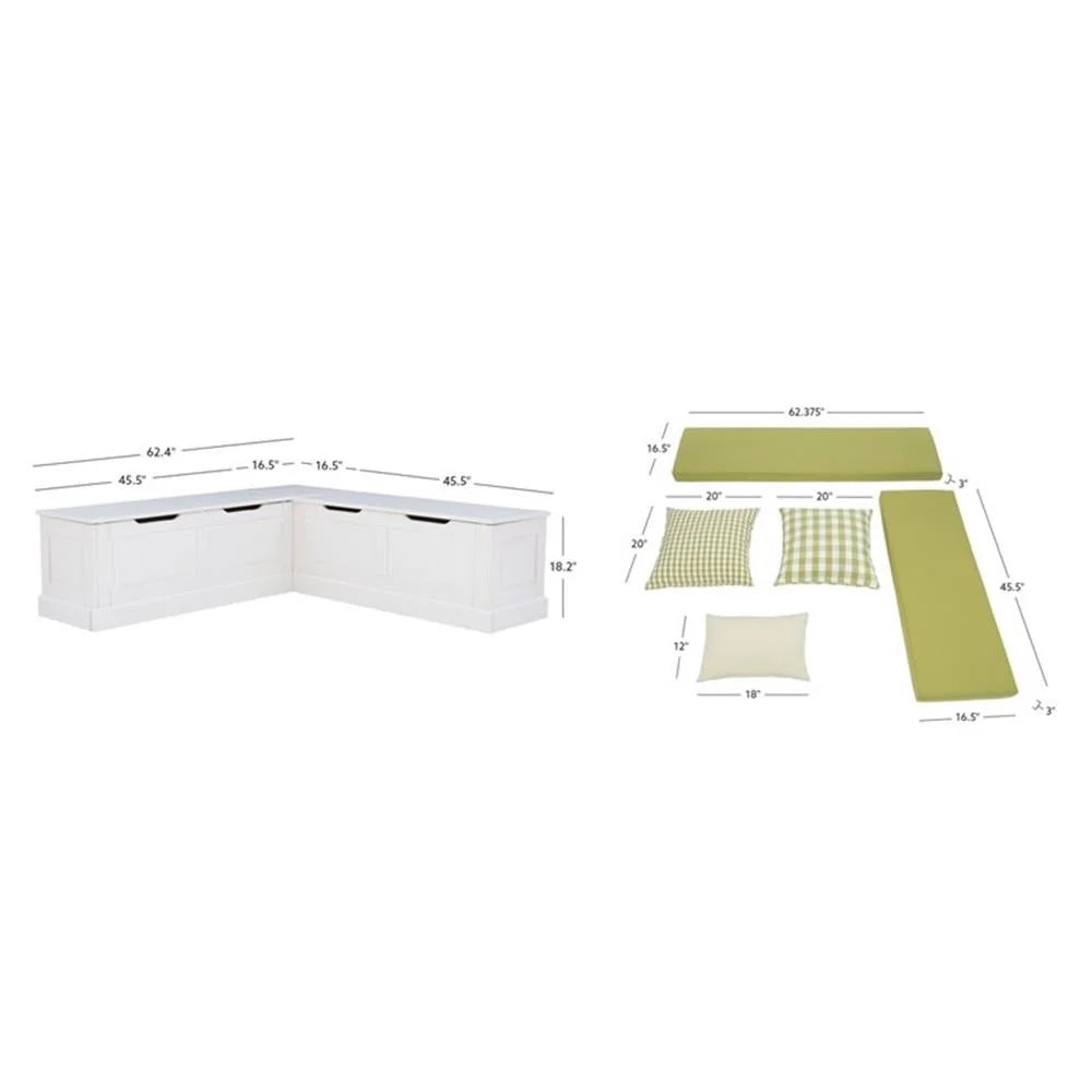 Pemberly Row Natural White Wood Nook With Green Polyester Fabric Cushions