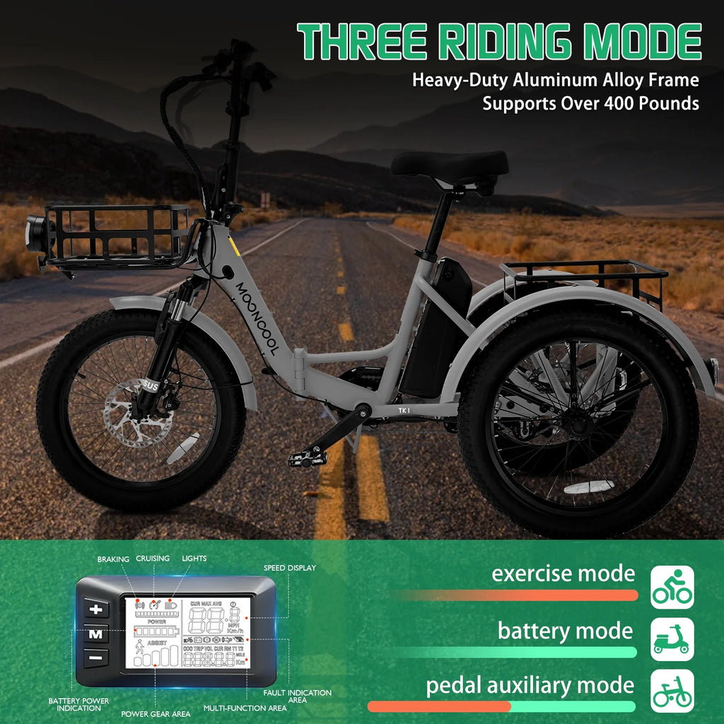 MOONCOOL TK1 Folding Electric Tricycle for Adults,48V 14.5Ah Removable battery, 500W Peak 1000w Motor, 20" Fat Tire Step-Thru 3Wheel Electric Bicycle w/Front&Rear Baskets, Certified to UL 2849 by SGS