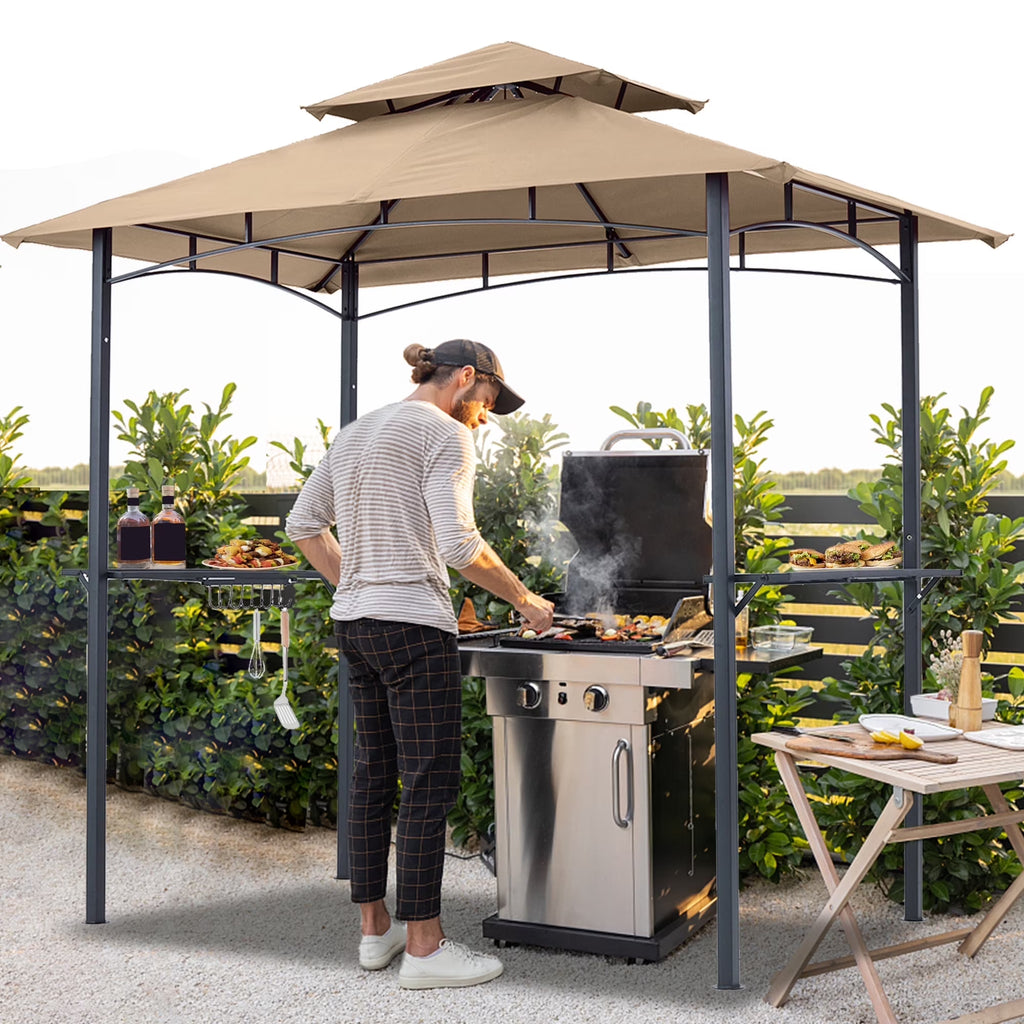 ABCCANOPY 8'x 5' Grill Gazebo Shelter, Double Tier Outdoor BBQ Gazebo Canopy with LED Light(Brown)