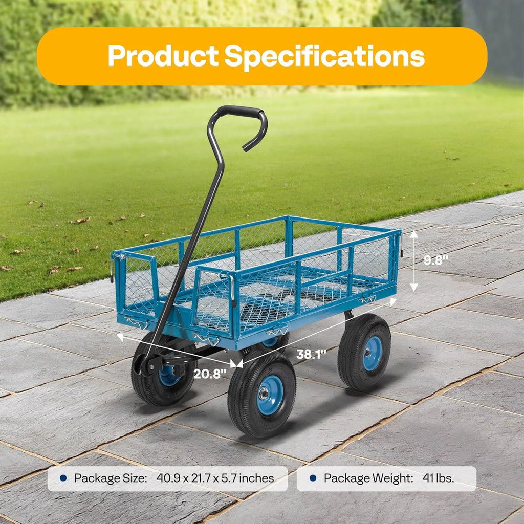 SPECSTAR Mesh Steel Garden Cart 880 lbs Capacity, 38" x 21" Folding Utility Wagon with 10 Inch Wheels